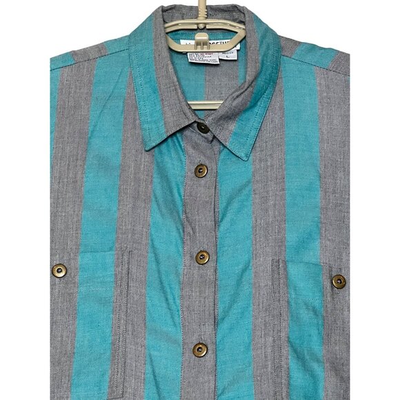 VTG Together! Missy L Striped Button-Up Shirt With Turquoise Gray Stripes Pocket - Picture 2 of 16